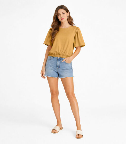 Blusa Feminina Com Franzido Na Manga Infinita Cor Marrom