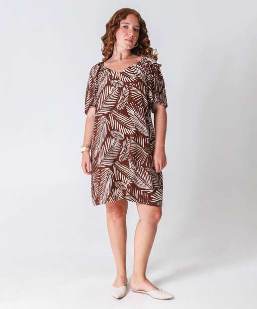 Vestido Plus Size Feminino Folhas Manga Curta Marisa Marrom