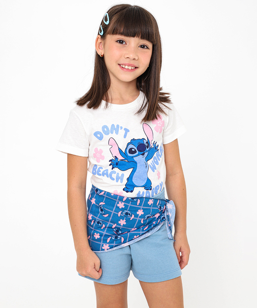 Conjunto Infantil Lenço Stitch Disney Tam 4 a 10 Off White