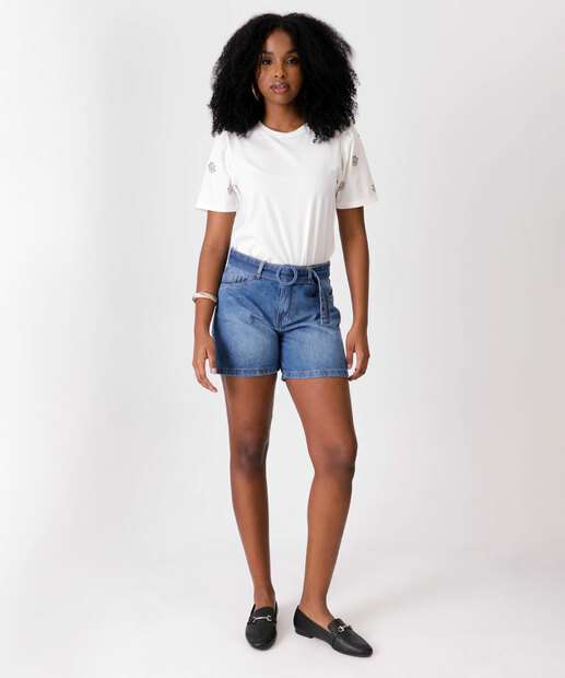 Bermuda Jeans Feminina Cinto Bolsos