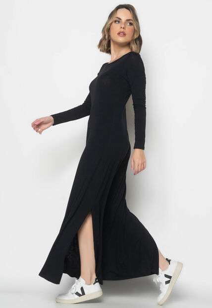 Vestido Longo Manga Longa Malha  Fashion Preto
