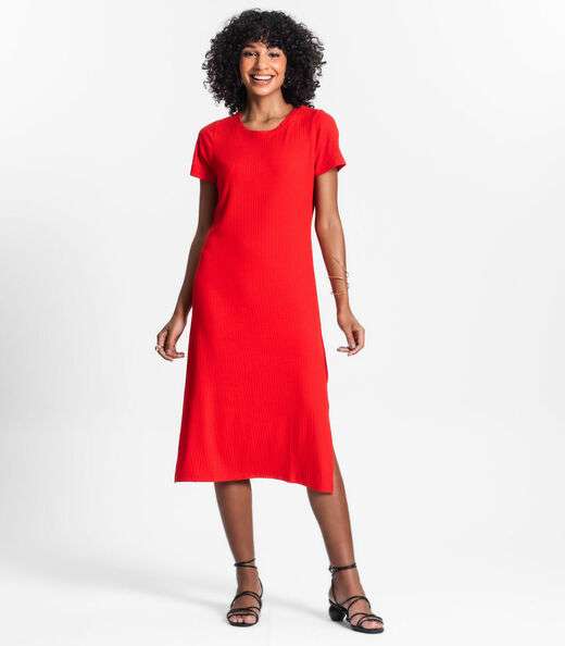 Vestido Midi Ribana Canelada Básico Rovitex Laranja