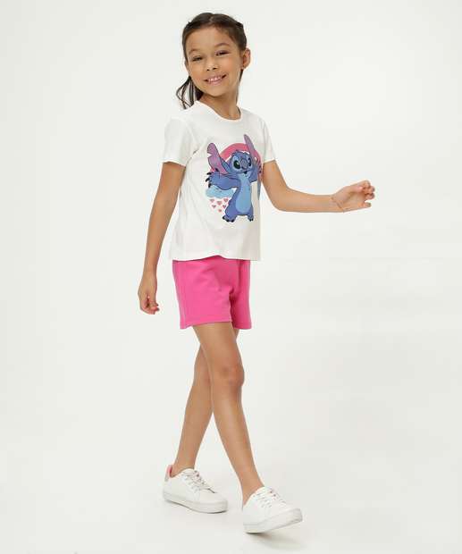 Conjunto Infantil Manga Curta Stitch Disney Tam 4 a 10