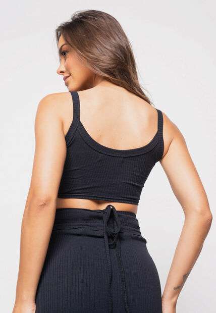 Cropped  Regata Com Tiras Malha Canelada Preto
