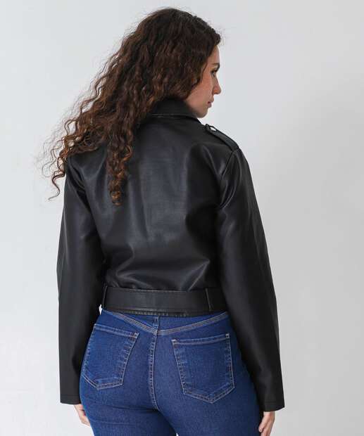 Jaqueta Feminina Biker Bolsos Cinto Marisa Preto