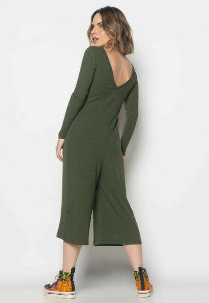 Macacão Manga Longa Pantacourt Canelado Verde Salvatore Fashion