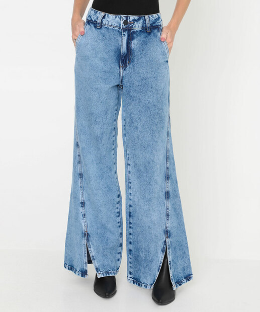 Calça Feminina Wide Leg Fenda Jeans Sawary Azul