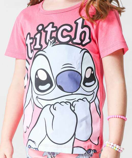 Conjunto Infantil Estampa Stitch Tam 4 a 10 Rosa