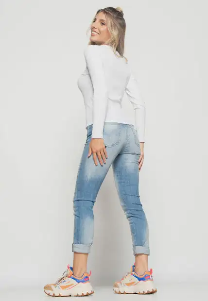 Blusa  Básica Manga Longa e Gola Redonda Canelada Branco Salvatore Fashion