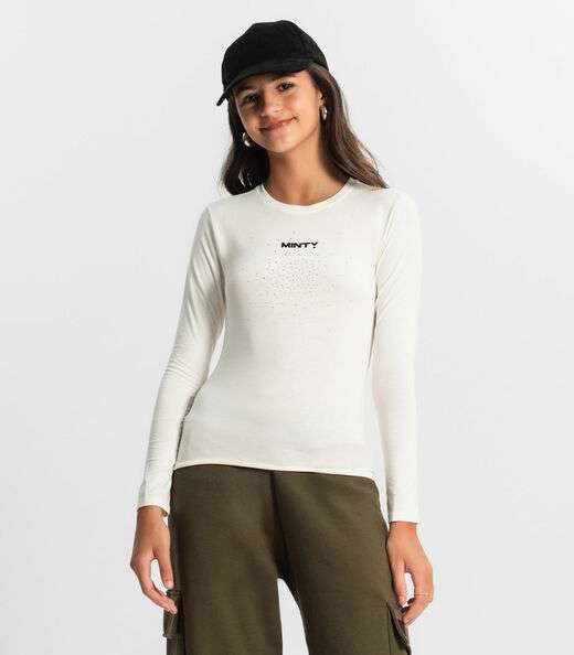 Blusa Juvenil Com Strass Manga Longa Minty Bege