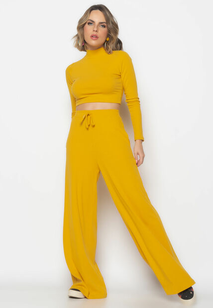 Conjunto Comfy Cropped Manga Longa e Calça Wide Leg Canelado  Mostarda Salvatore