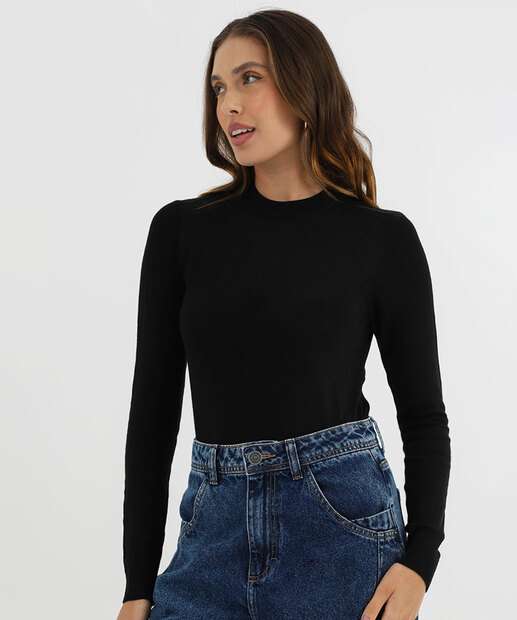 Image_Suéter Feminino Liso Gola Careca Marisa Preto
