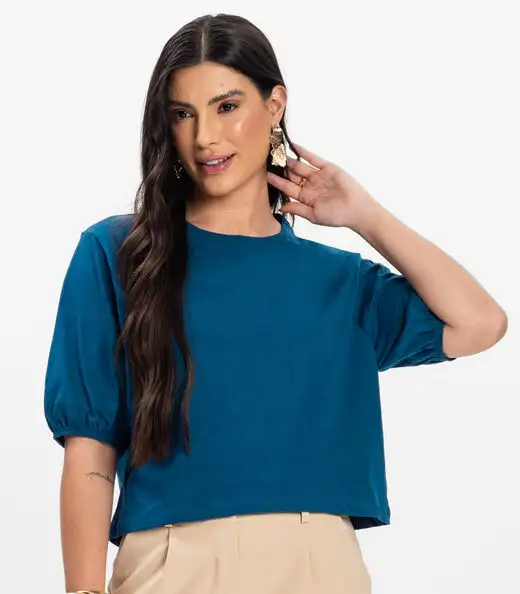 Blusa Manga Camponesa Feminina Rovitex Azul