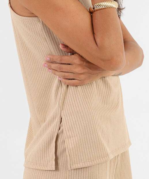 Blusa Regata Feminina Canelada Alongada Marisa Bege