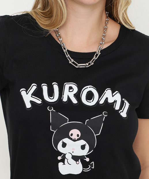 Blusa Feminina Estampa Frontal Kuromi Sanrio Preto