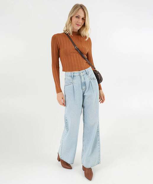 Suéter Feminino Cropped Gola Alta Marisa Marrom