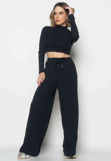 Conjunto Comfy Cropped Manga Longa e Calça Wide Leg Canelado Preto Salvatore Fas