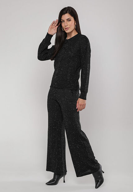 Blusa de Tricot Boton? com Trama Texturizada Preto Salvatore