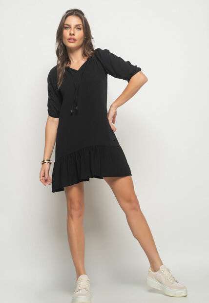 Image_Vestido Curto Viscolinho Com Babado Preto Salvatore Fashion