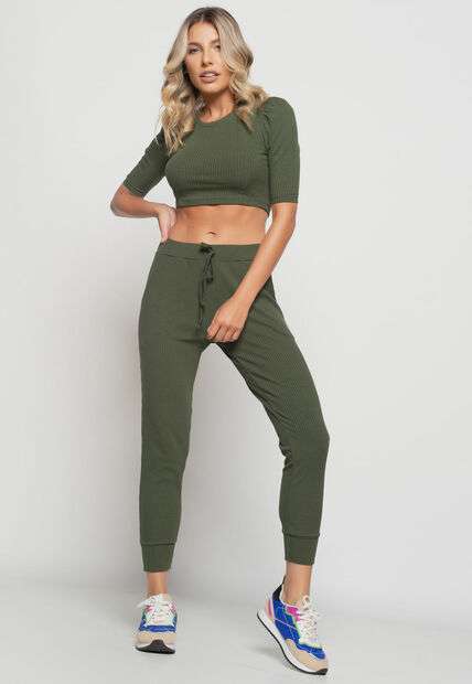 Cropped  Princesa Gola Redonda Malha Canelada Verde Salvatore Fashion
