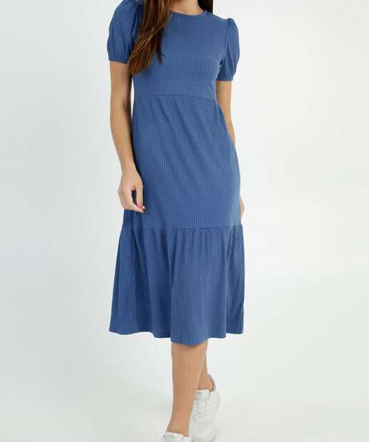 Vestido Midi Feminino Canelado Manga Curta Marisa