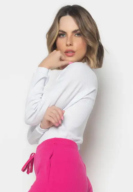 Blusa Morcego Gola Canoa Manga Longa Canelada Branca Salvatore Fashion
