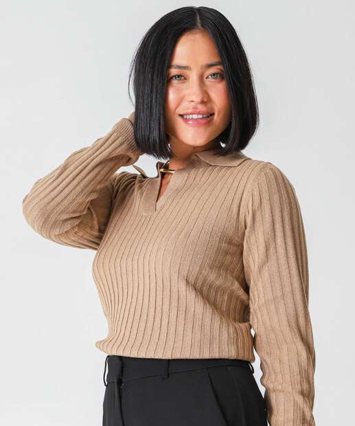 Image_Suéter Feminino Polo Textura Manga Longa Marisa Bege