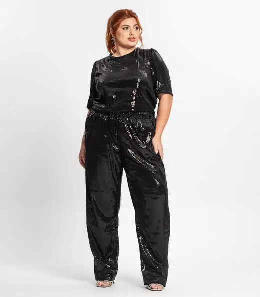 Blusa Feminina Plus Size Em Paetê Secret Glam Preto