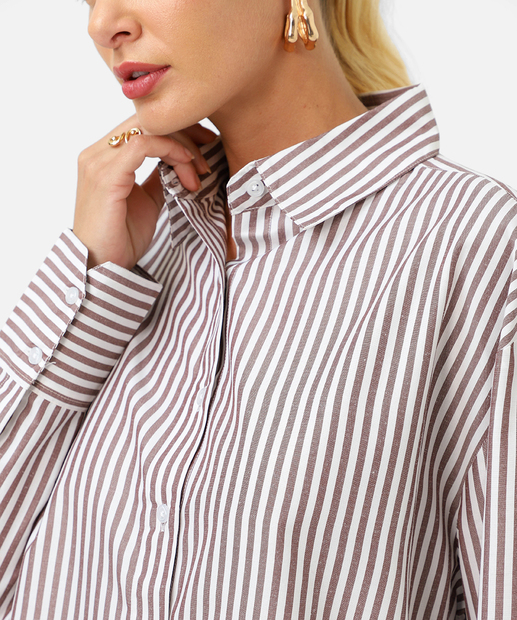 Camisa Feminina Listrada Manga Longa Marisa Marrom