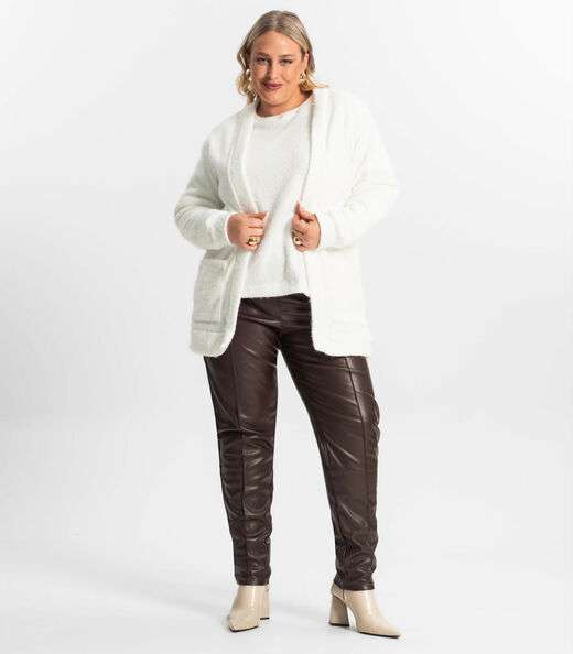 Cardigan Feminino Plus Size Em Tricot Secret Glam Bege