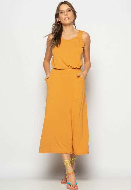 Conjunto Regata Drapeada e Saia Midi Malha Caramelo Salvatore