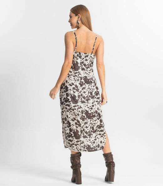 Vestido Feminino Midi De Alça Animal Print Veshine Marrom