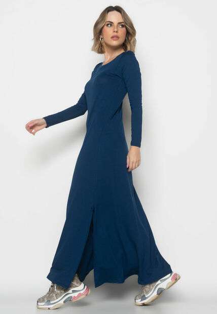 Vestido Longo Manga Longa Malha Azul Salvatore Fashion