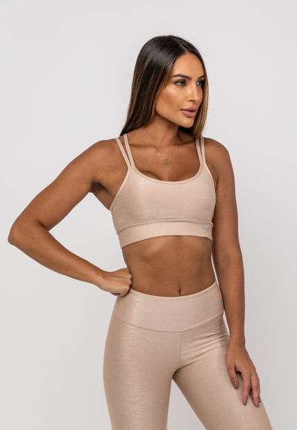 Calça Legging Suplex Canelada Brilho Básica Bege Salvatore Fashion