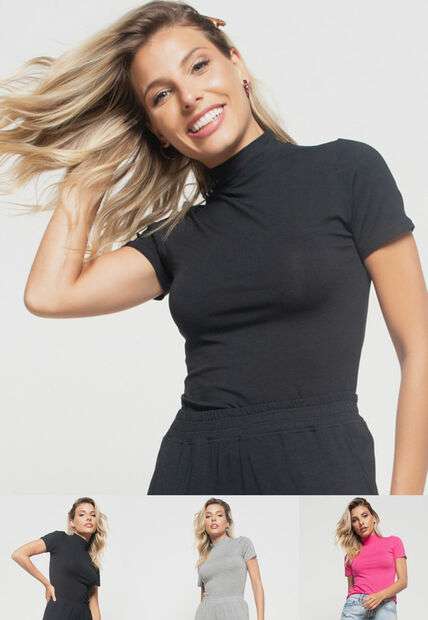 Image_Kit 3 Blusas  Gola Alta Comfy Malha Preta, Rosa e Mescla