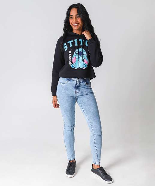 Blusão Feminino Cropped Moletom Stitch Preto