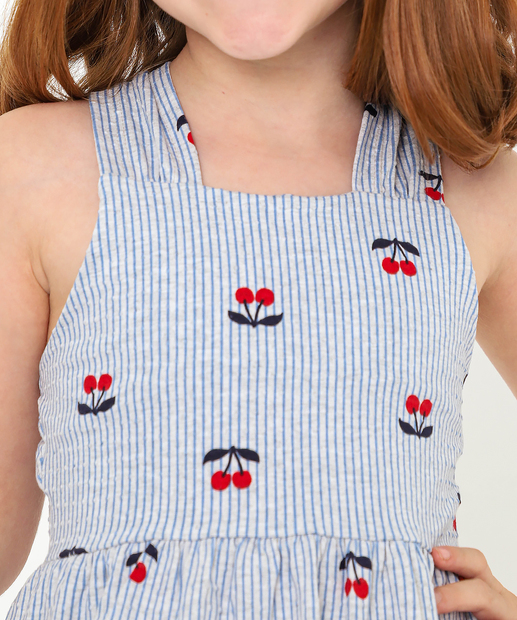 Vestido Infantil Listrado Cerejas Tam 4 a 10 Off White
