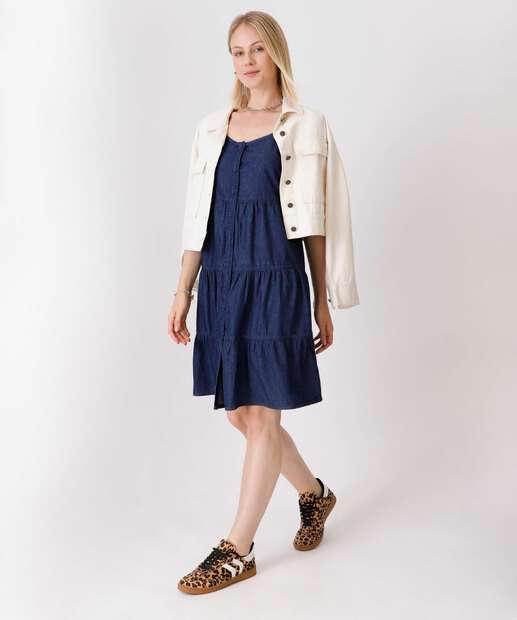 Vestido Feminino Jeans Botões Alças Finas Marisa