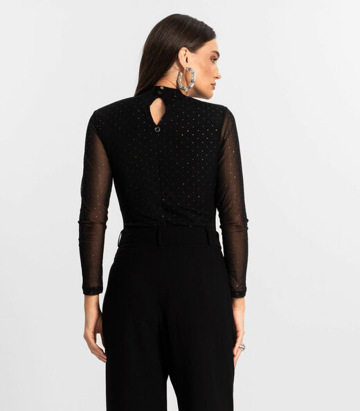 Body Manga Longa de Tule Glitter Endless Preto