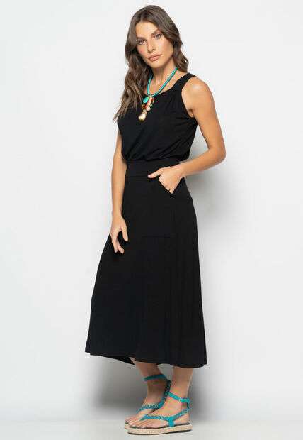 Conjunto Regata Drapeada e Saia Midi Malha Preto Salvatore