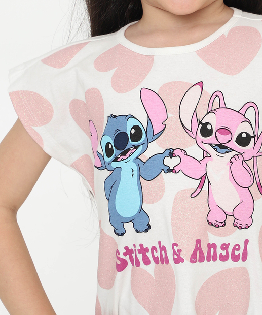 Camiseta Infantil Stitch e Angel Tam 4 a 10 Off White