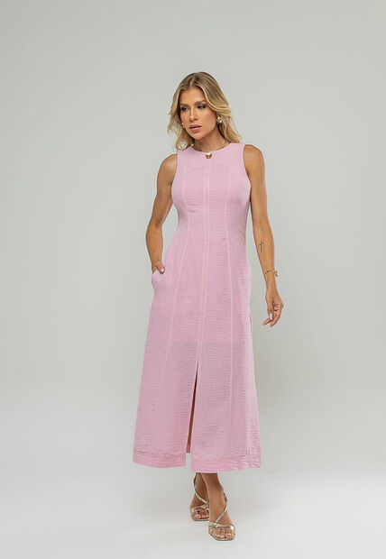 Vestido Midi Com Fenda Frontal E Costura Contrastante Rosa Salvatore