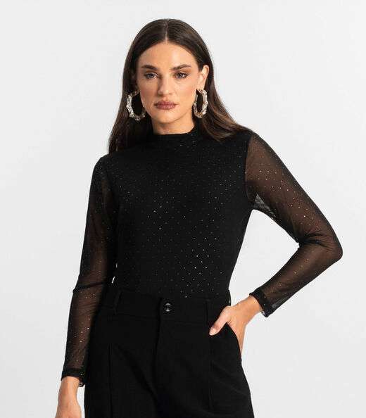 Body Manga Longa de Tule Glitter Endless Preto