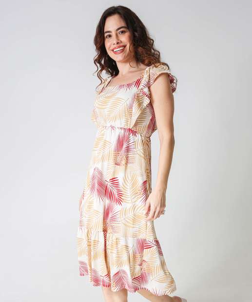 Vestido Midi Feminino Estampa Folhas Lastex Marisa