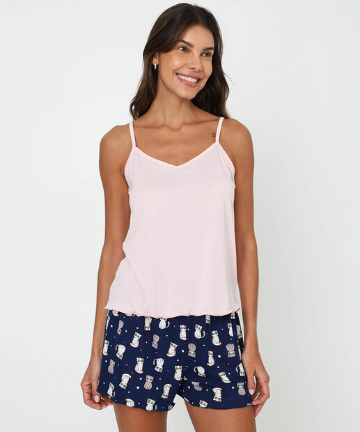 Pijama Feminino Estampa Gato Marisa Rosa