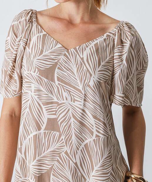 Vestido Feminino Estampa Folhas Manga Curta Marisa Marrom