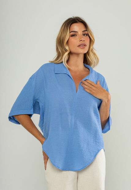 Blusa Ampla Manga Curta E Decote V Azul Salvatore