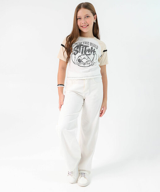 Camiseta Juvenil Feminina Stitch Bege Tam 10 a 16