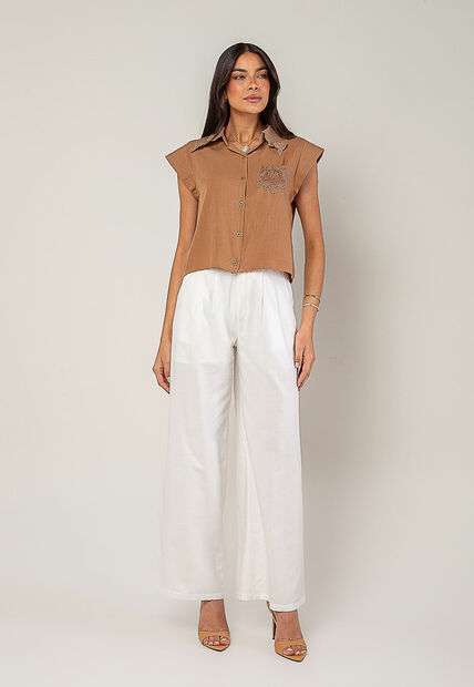 Blusa Alfaiataria Com Gola Em Renda E Bolso Decorado Marrom Salvatore