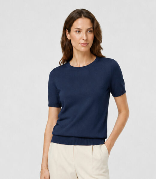 Image_Blusa Feminina Manga Curta Lisa Em Tricot Dianna Azul